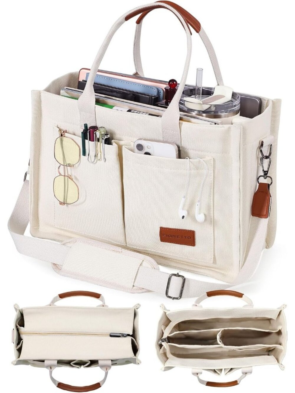 FIORETTO Canvas Women's Beige Tote Bag Zipper Closure & Compartments Pockets Bag